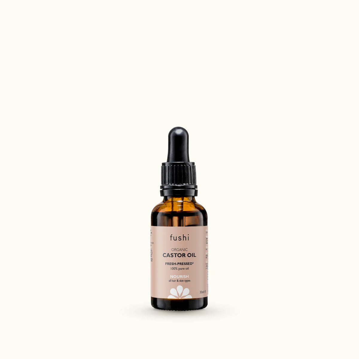 Image of Fushi Organic Castor Oil in dropper bottle, a cold pressed formula ideal for eyelashes & skin nourishment.