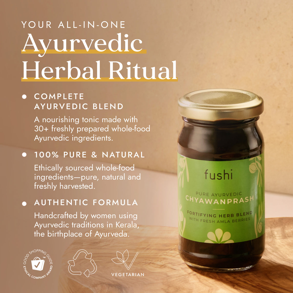 Image of Fushi Pure Ayurvedic Chyawanprash jar, showcasing key product features like 30+ freshly prepared whole-food ingredients, natural sourcing & traditional Kerala craftsmanship.