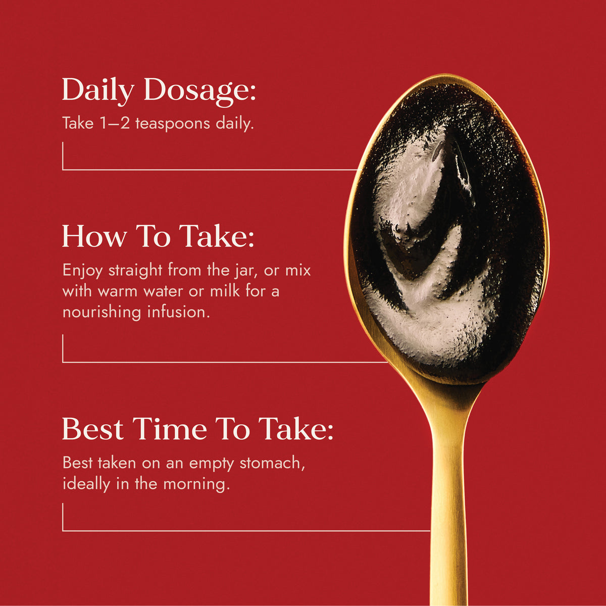 Image showing a spoonful of Fushi Chyawanprash  with daily dosage guidance & tips on how to take it for optimal nourishment.