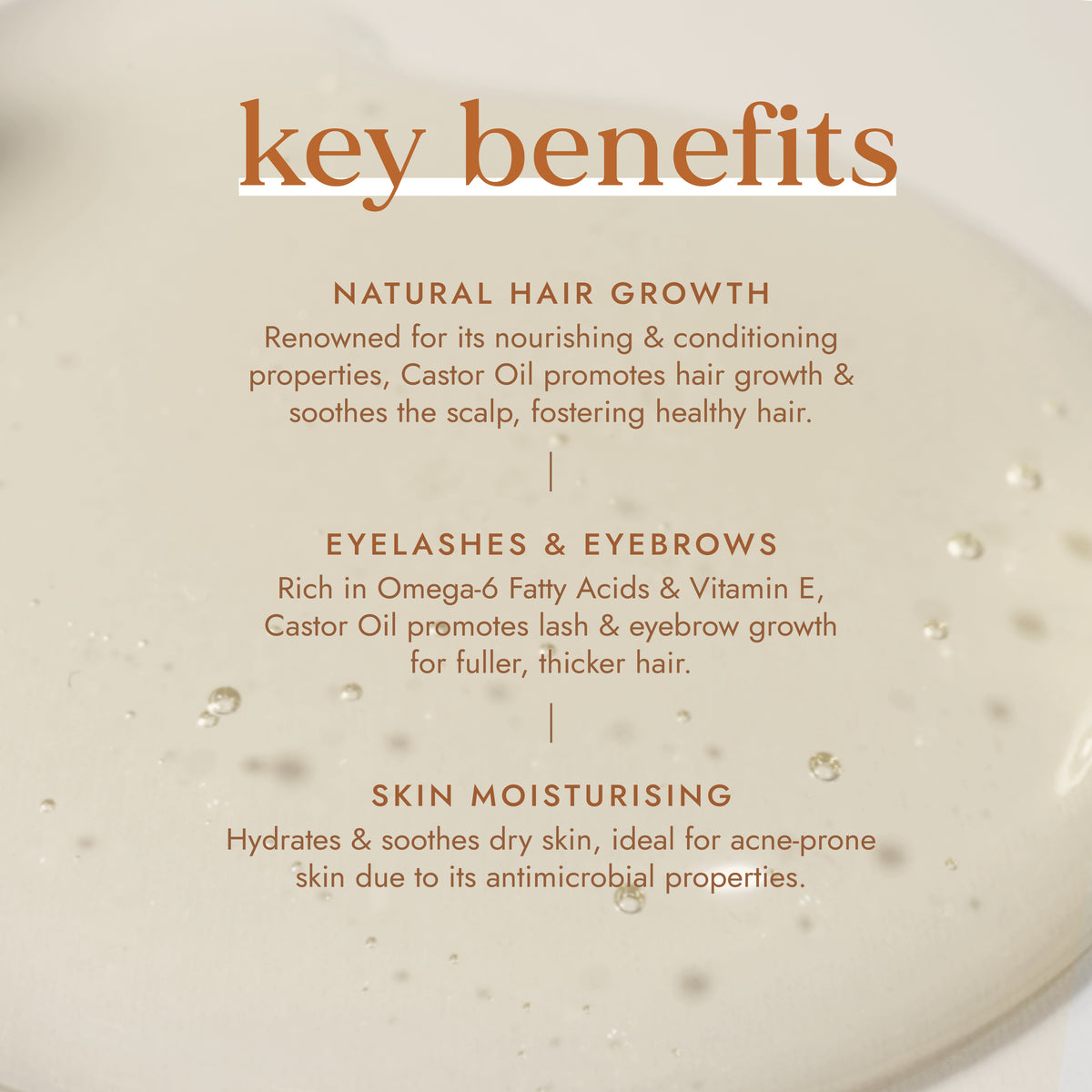 Image showing key benefits of Fushi Organic Castor Oil including support for lash growth, scalp care & hydration.