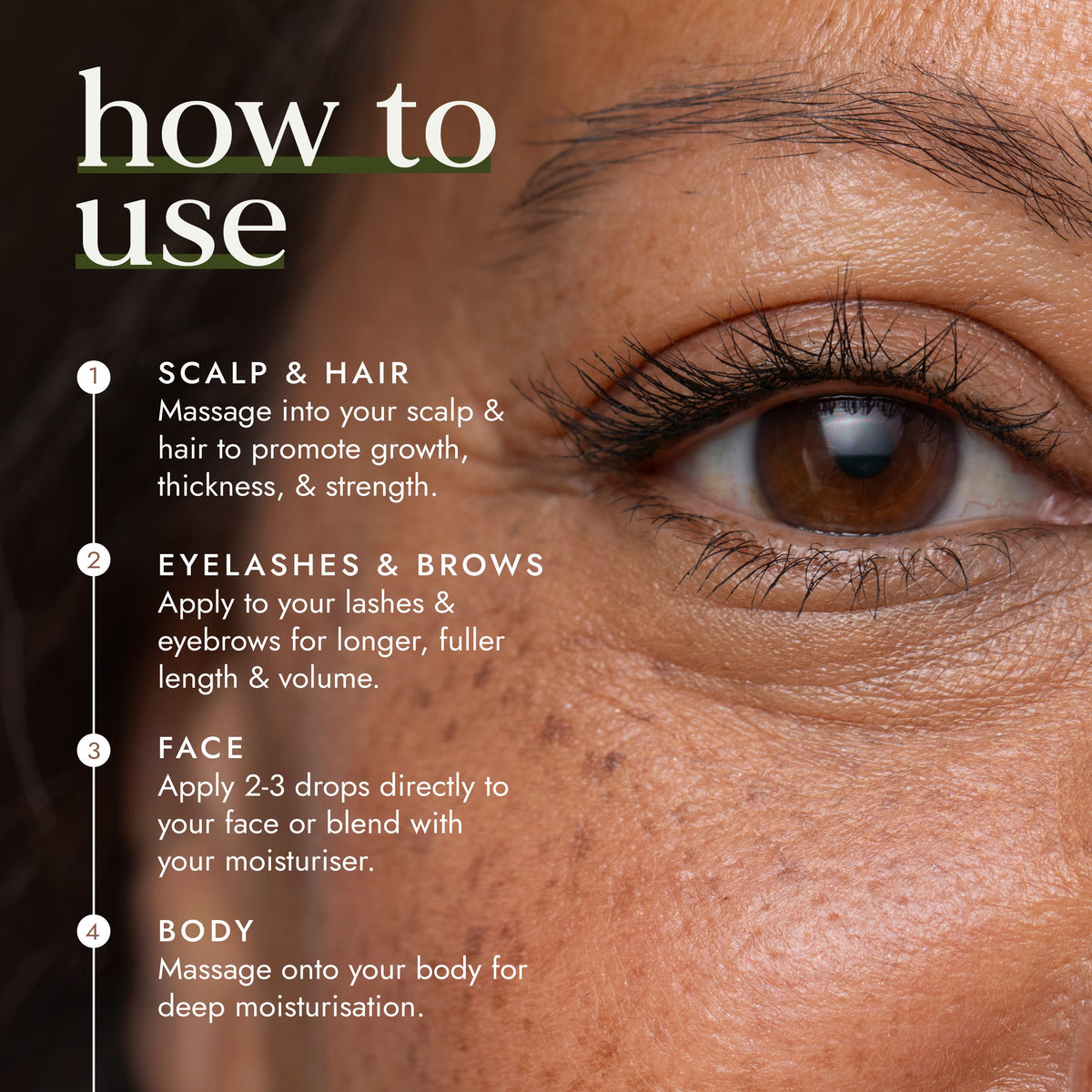 Image showing natural lashes with usage guide for applying castor oil for eyelashes, scalp & Castor oil packs.