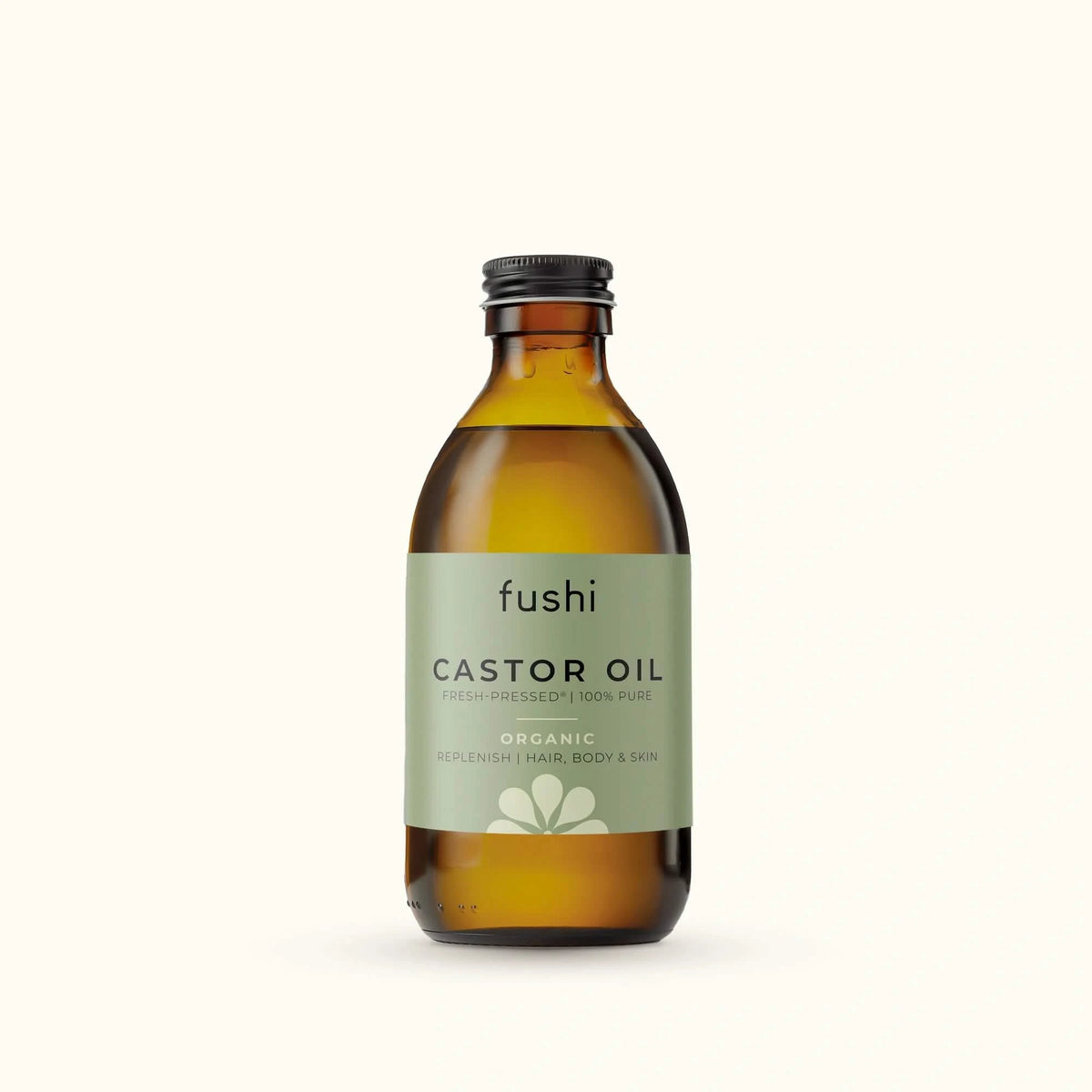 Image of Fushi organic cold pressed castor oil in an amber glass bottle, ideal for Castor oil packs & nourishing eyelashes.